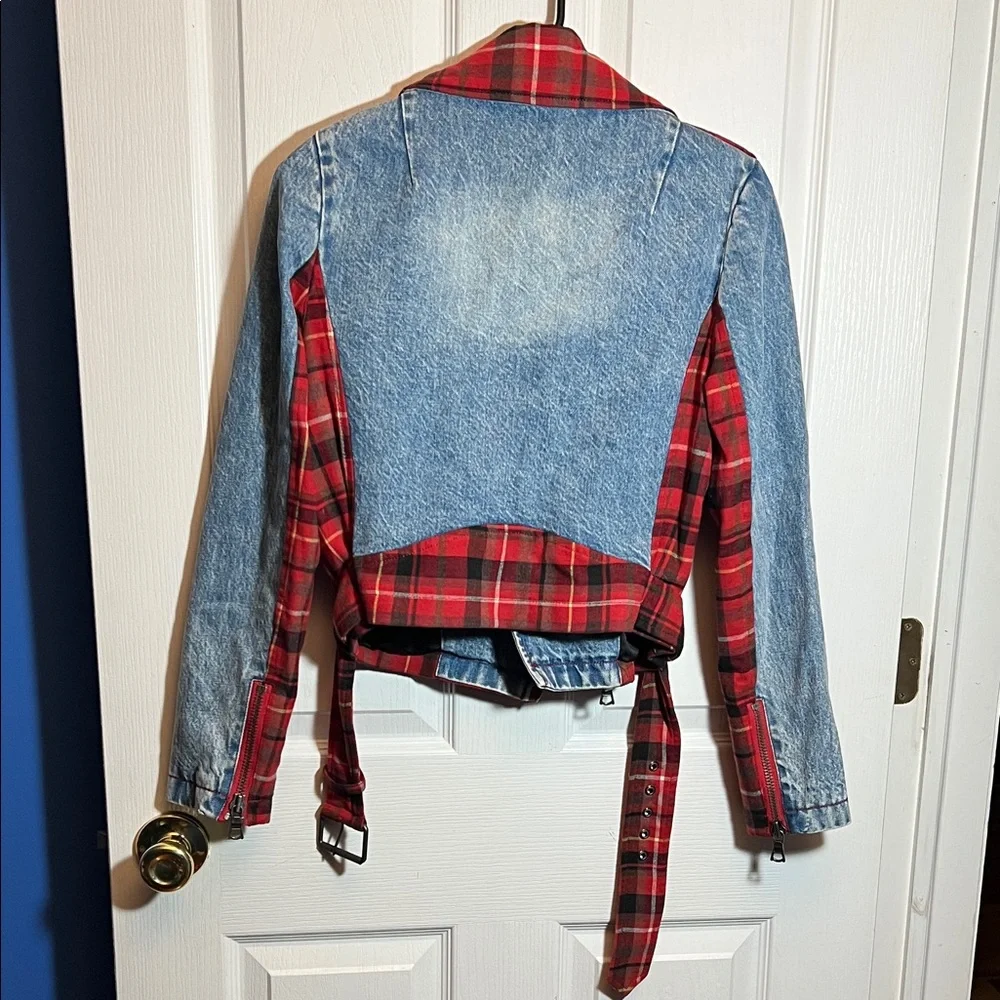 Alice + Olivia - Cody Checked Flannel And Denim Biker Jacket - Picture 6 of 10